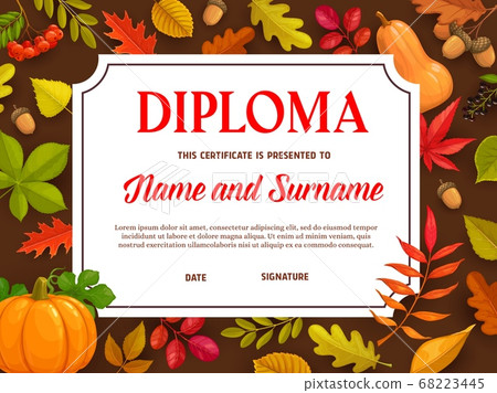 Kids diploma, certificate with autumn leaves. 68223445