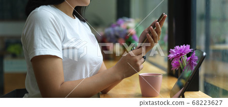 Female teenager using smartphone in coffee shop Female teenager using smartphone in coffee shop 68223627