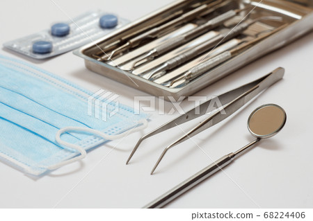 Set of metal dental instruments for teeth dental Set of metal dental instruments for teeth dental 68224406
