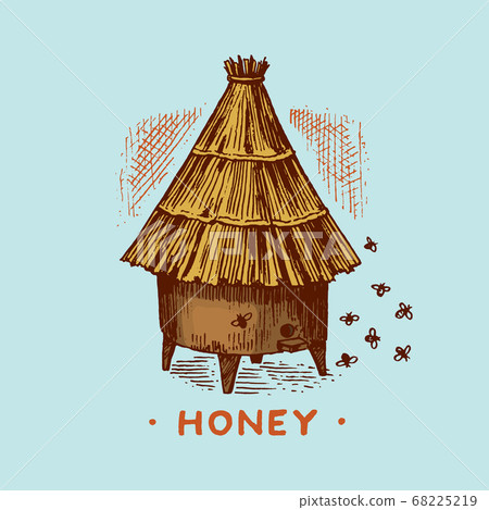 Honey and bees. Honeycombs and hive and apiary. Vintage logo for typography, shop or signboards Honey and bees. Honeycombs and hive and apiary. Vintage logo for typography, shop or signboards 68225219