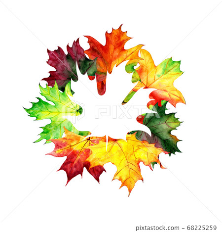 White and watercolor maple leaves. Autumn design templates. Hand drawn style. Place for your text. Illustration 68225259