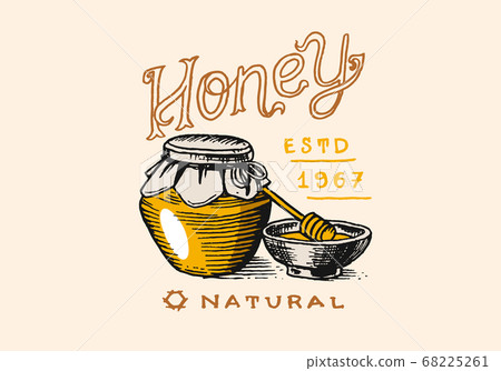 Honey and bees. Vintage logo for typography, shop or signboards. Badge for t-shirts. Hand Drawn Honey and bees. Vintage logo for typography, shop or signboards. Badge for t-shirts. Hand Drawn 68225261