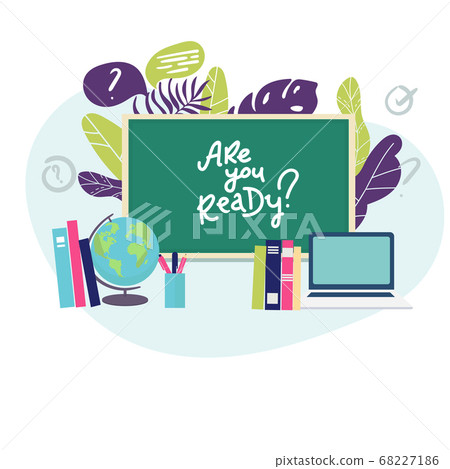 Banner back to school text drawing by colorful chalk in blackboard with school items and elements. Vector illustration banner flayer. globe books, pens pencils on white background. flat Banner back to school text drawing by colorful chalk in blackboard with school items and elements. Vector illustration banner flayer. globe books, pens pencils on white background. flat 68227186
