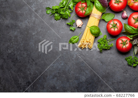 Italian cuisine ingredients. Tomatoes, pasta, 68227766