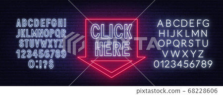 Click here neon sign on brick wall background. Click here neon sign on brick wall background. 68228606