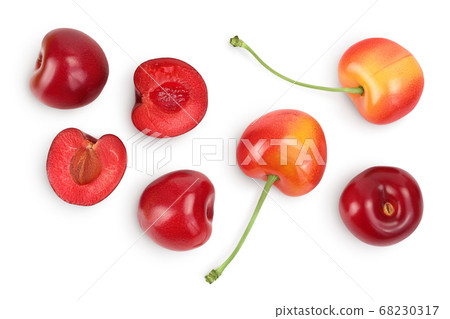 yellow-red sweet cherry isolated on white background with clipping path . Top view. Flat lay yellow-red sweet cherry isolated on white background with clipping path . Top view. Flat lay 68230317