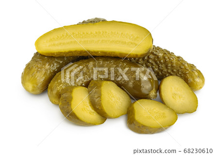 Marinated pickled cucumber isolated on white background with clipping path and full depth of field Marinated pickled cucumber isolated on white background with clipping path and full depth of field 68230610