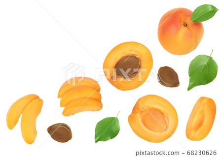 apricot fruit with half and slices isolated on white background. Clipping path. Top view with copy space for your text. Flat lay 68230626