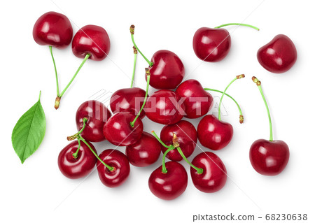 red sweet cherry isolated on white background with clipping path . Top view. Flat lay 68230638
