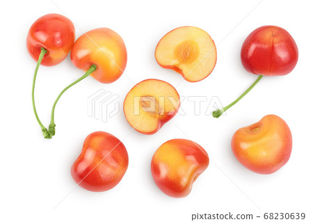 yellow-red sweet cherry isolated on white background with clipping path . Top view. Flat lay yellow-red sweet cherry isolated on white background with clipping path . Top view. Flat lay 68230639