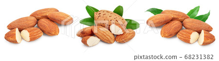 Almonds nuts with leaves isolated on white background with clipping path and full depth of field. Set or collection Almonds nuts with leaves isolated on white background with clipping path and full depth of field. Set or collection 68231382