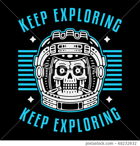 Spaceman skull. Modern space logo. Monochrome emblem. Keep exploring. Star. 68232632