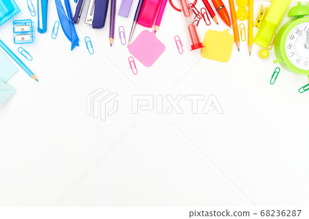 back to school, multicolored school supplies, rainbow on white, flatley, copyspace 68236287