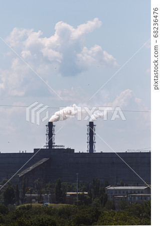 factory with chimneys of chemical smoke pollution ecological environment 68236476