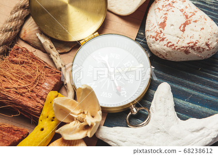 seashells and compass. beautiful sea composition with shells and vintage compass 68238612
