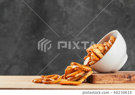 Beer snacks on stone and wooden background. Top view, copy space 68238618
