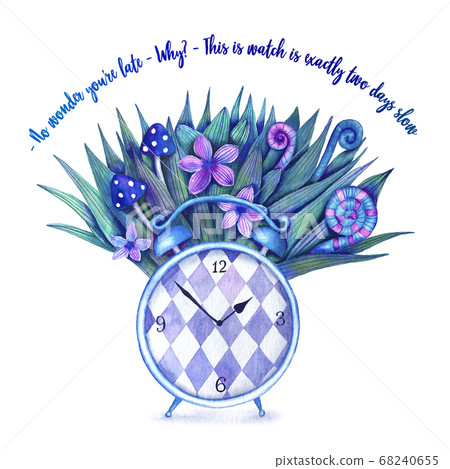 Cute illustration with a clock and a quote from Alice in Wonderland Cute illustration with a clock and a quote from Alice in Wonderland 68240655