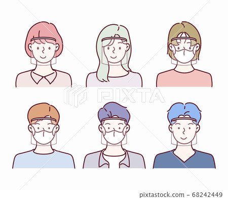 Men and women are wearing face shield. Infection control concept. Hand drawn in thin line style, vector illustration. (face shield can be removable) 68242449