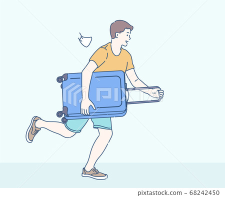 Man with suitcase running to vacation travel, Travel concept. Hand drawn in thin line style, vector illustrations.(A Mask can be removable) 68242450