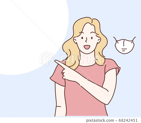 Smiling woman pointing finger at copy space, concept of Suggestions for you. Hand drawn in thin line style, vector illustration. (A Mask can be removable) 68242451