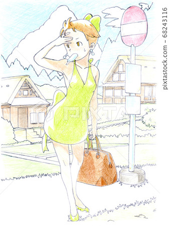Illustration of a girl returning to the countryside in the summer waiting for a bus while holding ice cream (color pencil drawing) Illustration of a girl returning to the countryside in the summer waiting for a bus while holding ice cream (color pencil drawing) 68243116