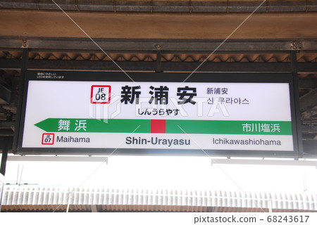 京葉線(武藏野線直接)新浦安車站(JE08)車站名稱顯示板(千葉縣浦安市) 京葉線(武藏野線直接)新浦安車站(JE08)車站名稱顯示板(千葉縣浦安市) 68243617