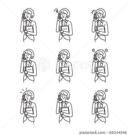 業務:婦女,智能手機,面部表情,變體集(線條圖) 業務:婦女,智能手機,面部表情,變體集(線條圖) 68244046