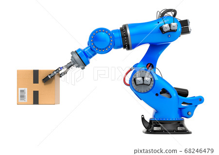 Robotic arm with cardboard box. 3D rendering Robotic arm with cardboard box. 3D rendering 68246479