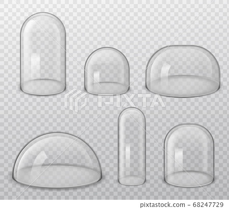 Glass domes. Realistic spherical and hemisphere glossy shape various size, laboratory and exhibition cases, dust cover vector set 68247729