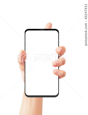 Hand and phone. Woman holds smartphone, female uses smartphone, online communication smart technology, advertising 3d vector mockup 68247832