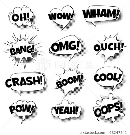 Pop art comic speech bubbles. Retro cartoon talking shapes, text in black and white colors, sound effect halftone dot background. Vector isolated illustration in vintage style Pop art comic speech bubbles. Retro cartoon talking shapes, text in black and white colors, sound effect halftone dot background. Vector isolated illustration in vintage style 68247841