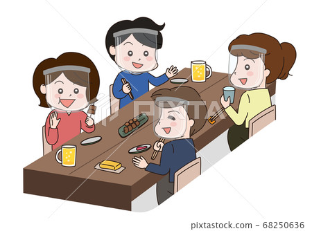 與在餐廳吃飯的男人和女人的面罩 與在餐廳吃飯的男人和女人的面罩 68250636