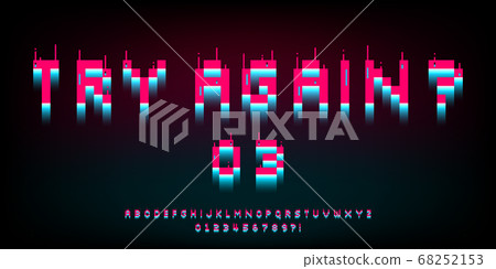 Pixel glitch font. 8 bit distortion letters, numbers and symbols. Retro bright pink and blue game type. Design for typography for games, banner, web. Vector. 68252153