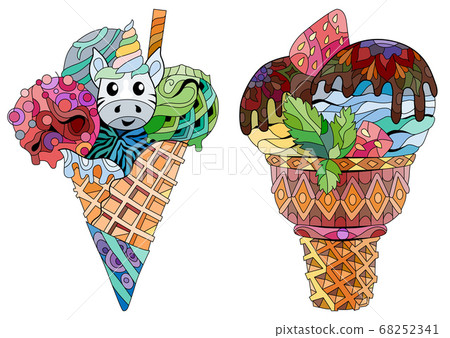 Set of hand drawn colorful zentangle ice cream illustration Set of hand drawn colorful zentangle ice cream illustration 68252341