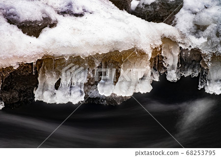 Winter icicles above stream. Frozen water with 68253795