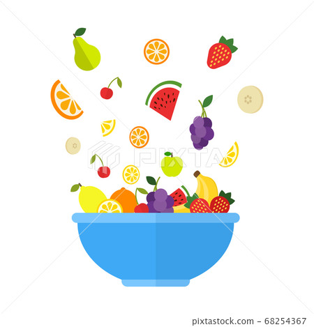 Fruits and berries are falling in big blue bowl. 68254367