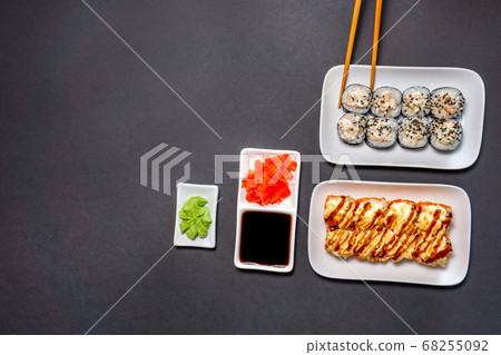 sushi with soy sauce pickled ginger, served on stone background. Top view, flat lay. copyspace 68255092