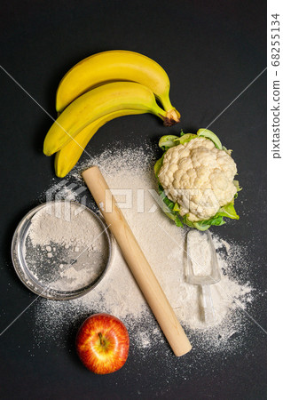 bananas Apple cauliflower for cooking flour from vegetables. top view of flat lay 68255134