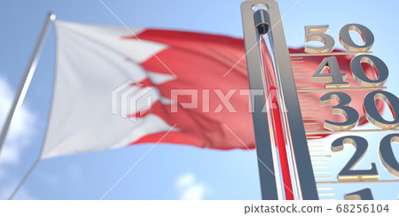 Thermometer shows high air temperature against blurred flag of Bahrain. Hot weather forecast related 3D rendering 68256104