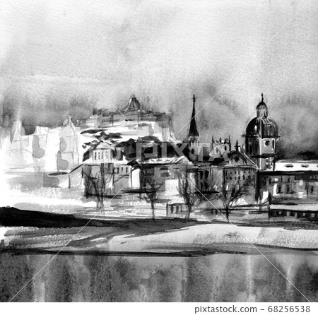 Scenic panorama of the Old Town in Stockholm, Sweden. Hand-drawn illustration. Watercolor art. Grey, black and white colors. Monochrome old card 68256538