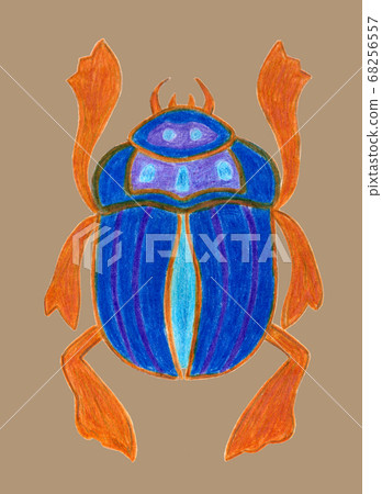 Blue scarab isolated on beige background. Ancient sacred insect. Egyptian culture. Bug Symbol of the sun. Beetle logotype. Hand drawn illustration. Colored pencils technique 68256557