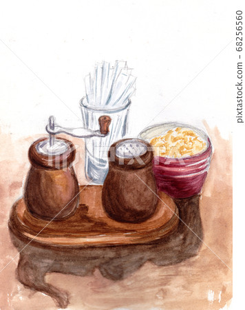 Salt and pepper shakers on table in cafe. Watercolor illustration. Hand-drawn sketch 68256560