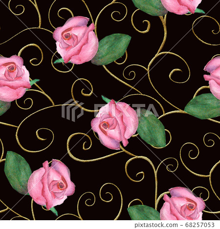 Baroque seamless pattern with golden scrolls and rose flowers Baroque seamless pattern with golden scrolls and rose flowers 68257053