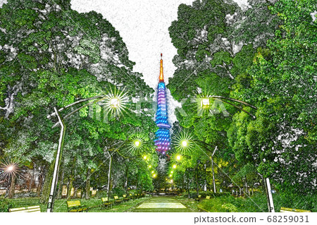 Resuming business from the corona as seen from the Shiba Park Promenade Tokyo Tower illuminated [colored pencils] 68259031