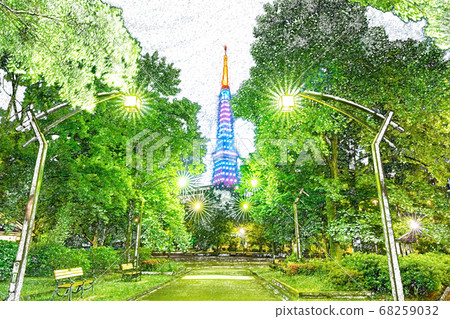 Resuming business from the corona as seen from the Shiba Park Promenade Tokyo Tower illuminated [colored pencils] 68259032