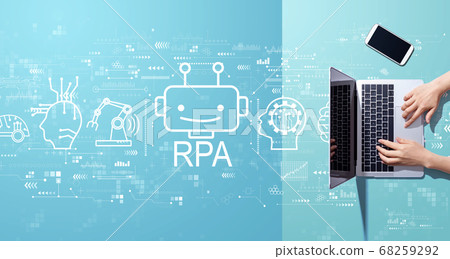 Robotic Process Automation theme with person working with laptop Robotic Process Automation theme with person working with laptop 68259292