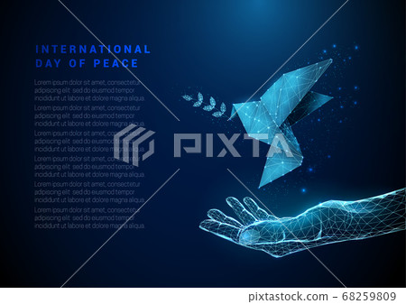 Abstract open hand with flying paper bird with olive branch 68259809