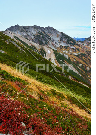 The red foliage of the Chingulma that turned red, the rocky surface of the three Tateyama mountains of the Tateyama mountain range in the Northern Alps, and the blue sky in autumn. Travel, destination. The red foliage of the Chingulma that turned red, the rocky surface of the three Tateyama mountains of the Tateyama mountain range in the Northern Alps, and the blue sky in autumn. Travel, destination. 68261457