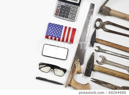 Working tools and office supplies on white Working tools and office supplies on white 68264989