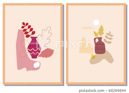 Set Autumn trendy card collage. Minimal shapes vase colour pastel flora. Template fall poster, banner vector illustration isolated 68269844